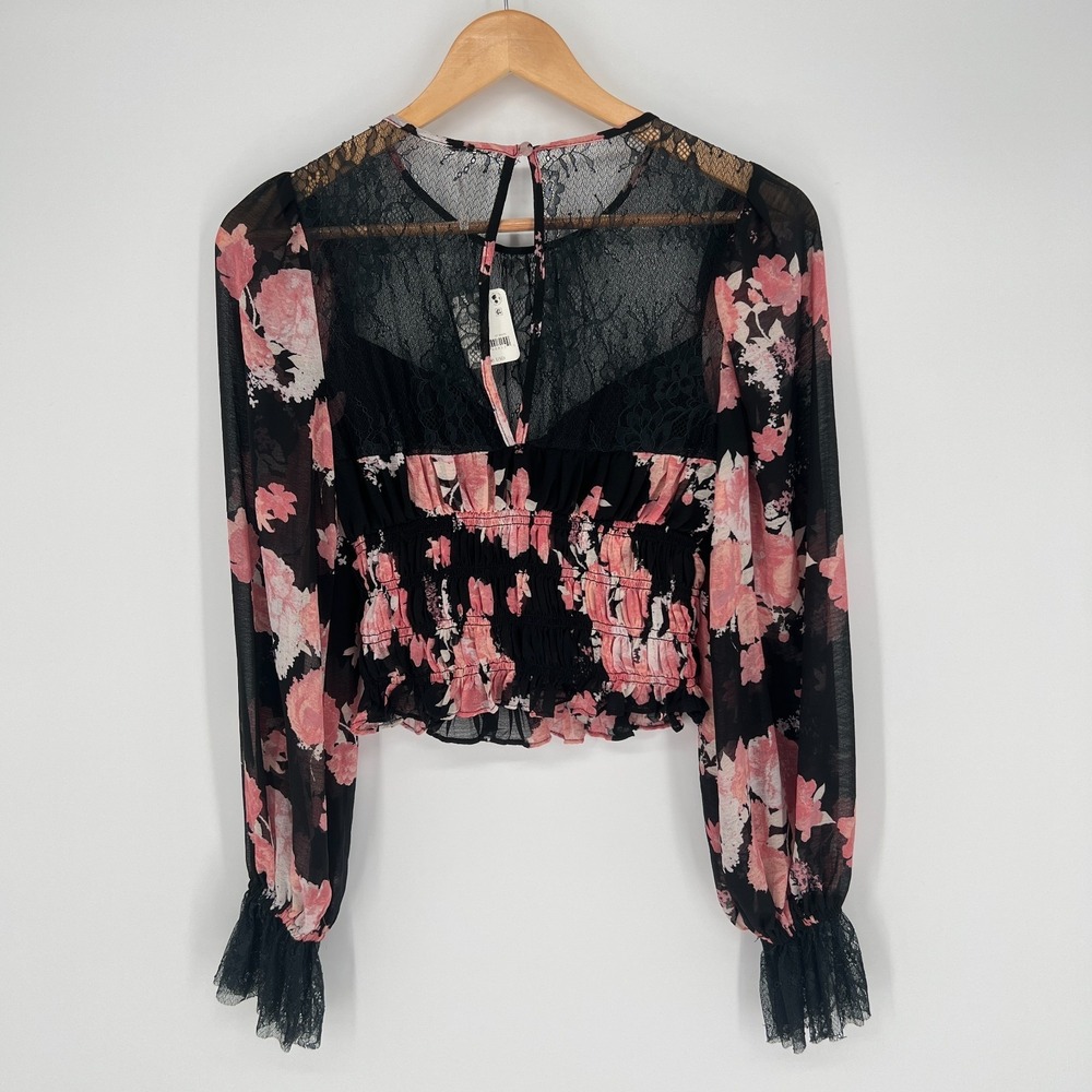 Free People Intimately Black Pink Floral Lace Sheer Peplum Top NWT Sz S Babydoll - Picture 3 of 15